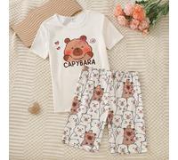 Set pigiama 2 pezzi aderente con stampa farfalla dinamica fluorescente, maniche corte e pantaloncini, per ragazze adolescenti 14Y,12Y,13Y,16Y,15YFumettoTessuto