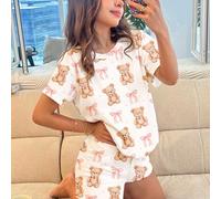 Set pigiama 2 pezzi estivo casual da ragazza tween, girocollo, maniche corte e pantaloncini, rosa e bianco, con stampa orsetto carino e dolce con fiocco rosa, abbigliamento da notte 8Y,9Y,10Y,11Y,12Ys