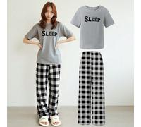 Set pigiama 2 pezzi per ragazze, maglietta minimalista con stampa nera di lettere e pantaloni a quadri in bianco e nero classici, abbigliamento casual da rilassamento di moda 8Y,9Y,10Y,11Y,12YVichy,Le