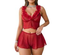 Set Pigiama 2 Pezzi: Rete, Reggiseno, Shorts, Pizzo Floreale, Donna(L)