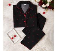 Set pigiama a 2 pezzi in stile da studentessa, camicia a maniche lunghe e pantaloni con stampa carina di ciliegie, abbigliamento casual da relax 8Y,9Y,10Y,11Y,12YFrutta & verduraTessuto intrecciato