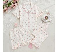 Set pigiama a 3 pezzi con stampa floreale per ragazze, inclusi cardigan a maniche corte con colletto, pantaloncini e pantaloni lunghi. Le maniche e l'orlo dei pantaloni arricciati aggiungono una sensa