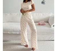 Set pigiama a maglia con stampa all-over, composto da top a maniche corte e pantaloni, per l'estate, per donne L,M,SFumetto,Geometrico,LettereTessuto in maglia
