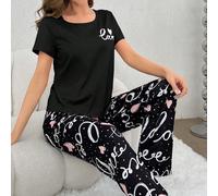 Set Pigiama A Maniche Corte E Pantaloni Lunghi Stampa Lettere & Cuori D'amore Per Signore L,M,S,XLGeometricoTessuto in maglia
