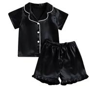 Set pigiama a maniche corte per ragazze, con bottoni, tinta unita, comodo, delicato sulla pelle, traspirante, pigiama estivo per bambini, regalo per la famiglia (nero, B)