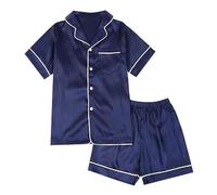 Set pigiama a maniche corte per ragazze, con bottoni, tinta unita, delicato sulla pelle, comodo, estivo, traspirante, regalo per la famiglia (blu navy, 5-6 anni)