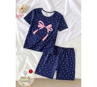 Set pigiama a pois con fiocco slim fit a maniche corte per ragazze adolescenti, stile dolce, morbido, carino e minimalista, base blu navy con piccoli pois bianchi e stampa di grandi fiocchi rosa, tess