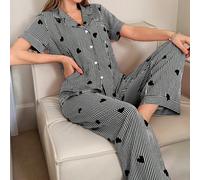Set pigiama a righe con stampa a cuore, con top a maniche corte e pantaloni, per le donne nella stagione delle vacanze L,M,S,XLGeometrico,A strisceTessuto intrecciato