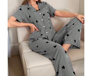 Set pigiama a righe con stampa a cuore, con top a maniche corte e pantaloni, per le donne nella stagione delle vacanze L,M,S,XLGeometrico,A strisceTessuto intrecciato