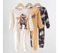 Set pigiama aderente da 3 pezzi per ragazzo con stampa di dinosauri, include un outfit con stampa di dinosauri all-over, una maglietta con grafica di dinosauro giallo e un outfit beige con dinosauri, 