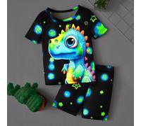 Set pigiama aderente in 2 pezzi composto da t-shirt a maniche corte e pantaloncini con stampa di cartoni animati per bambini, che brillano al buio 6Y,7Y,4Y,5YFumettoTessuto in maglia