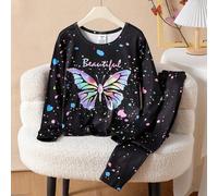 Set pigiama aderente per ragazze pre-adolescenti con stampa di farfalle e che brillano al buio, composto da maglietta a maniche lunghe e leggings, con colori sfumati vibranti che creano un'atmosfera o