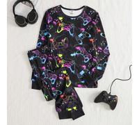 Set pigiama aderente per ragazzi adolescenti, top a maniche lunghe e pantaloni, stampa colorata di controller di videogiochi che brillano al buio, moda, adatto per il loungewear dei ragazzi adolescent
