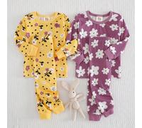 Set pigiama bimba di 4 pezzi - top a maniche lunghe con collo a giro in maglia morbida a fantasia floreale e pantaloni lunghi con vita elastica 2Y,3Y,9-12M,12-18M,18-24MFumettoTessuto