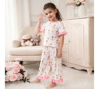 Set pigiama casual da 2 pezzi con maglietta a girocollo a maniche corte e pantaloni con volant a contrasto, motivo cartoonesco di una bambina ballerina, adatto per l'uso quotidiano delle ragazze, atti
