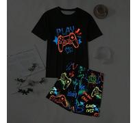 Set pigiama casual da 2 pezzi da uomo, semplice e alla moda, con stampa console da gioco nera che brilla al buio, maglietta a maniche corte e pantaloncini, comodo L,M,S,XLAnimale,LettereTessuto in mag