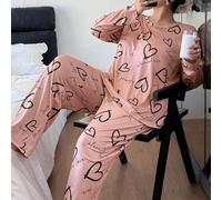 Set pigiama casual da donna con stampa a cuori e lettere, maniche lunghe e pantaloni, set pigiama taglia comoda con stampa love, abbigliamento autunno e inverno 0XL,1XL,2XL,3XL,4XLTessuto in maglia