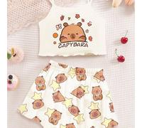 Set pigiama casual da ragazza con stampa di capibara, composto da canotta slim fit e pantaloncini in bianco crema, adatto per l'estate 7Y,8Y,9Y,10Y,11Y,12Y,13YFumetto,Frutta & verduraTessuto in maglia