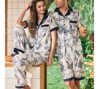 Set pigiama casual da uomo con stampa integrale di animali della foresta e apertura anteriore L,M,XL,XXLAnimale,Piante,stampa dappertuttoTessuto intrecciato