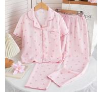 Set pigiama casual e comodo da 2 pezzi per ragazze, composto da cardigan a maniche corte con stampa in tessuto grinzoso a bolle e pantaloni, in una combinazione elegante, dolce e alla moda di rosa a r