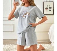 Set pigiama casual e comodo da donna in 2 pezzi, composto da top a maniche corte con stampa di gattini e cartoni animati e pantaloncini con vita elastica in tinta unita L,M,S,XLAnimale,FumettoTessuto 