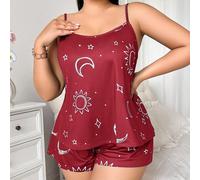 Set pigiama casual senza maniche con pantaloncini, con stampa semplice di stelle, luna e sole, taglie comode 0XL,1XL,2XL,3XL,4XL,5XLNataleTessuto in maglia