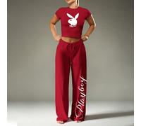 Set pigiama comodo con logo coniglietto, composto da top corto a maniche corte e pantaloni larghi con laccio, adatto per il tempo libero e il pigiama L,M,S,XL,XS,XXL,XXS,XXXL,XXXXLTessuto in maglia