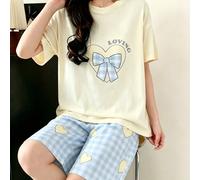 Set pigiama comodo da donna con stampa a cuori, fiocchi a quadri e lettere - Maglietta a maniche corte con scollo a girocollo [maglietta] e pantaloncini/pantaloni capri in tessuto a maglia primavera/e