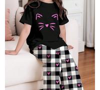 Set pigiama composto da maglietta girocollo a maniche corte casual minimalista e pantaloni larghi adatto per ragazze tra bambini e adulti, adatto per primavera/estate 8Y,9Y,10Y,11Y,12YAnimale,Fumetto,