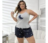 Set pigiama con canotta e pantaloncini stampati con luna, taglie comode 1XL,2XL,3XL,4XLTessuto in maglia