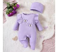 Set pigiama con piedini e cappello per bambina, con rifiniture a volant e patch a farfalla, adatto per vacanze e relax estivo, in cotone 6-9M,0-1M,1-3M,3-6MFlorealeCotone