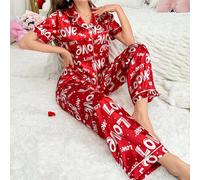 Set pigiama con top a maniche corte e pantaloni con stampa a lettere in finta seta rossa e bianca, adatto per la biancheria intima da sposa di San Valentino L,M,S,XLLettere,stampa dappertuttoRaso