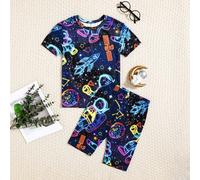 Set pigiama corto da ragazzo tween con stampa di astronauta e razzo che si illuminano al buio, maniche corte e collo rotondo, morbido e comodo, 2 pezzi 8Y,9Y,10Y,11Y,12YHalloweenTessuto in maglia