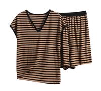 Set pigiama corto di seta da donna, 2 pezzi, maglietta da notte da donna, ampia maglietta con scollo a V, manica corta, maglietta a righe Pijamas leggera fluida Loungewear Homewear abbigliamento da