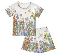 Set pigiama corto per bambini Wild Herbs Fiori foglie ragazze ragazzi pigiama set cotone estate biancheria da notte set primavera fiori, multicolore, 14 anni