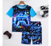 Set pigiama da 2 pezzi aderente per ragazzo pre-adolescente - Stampa di controller di gioco al neon, maglietta a girocollo a maniche corte e pantaloncini, morbido e delicato sulla pelle 7Y,8Y,9Y,10Y,1