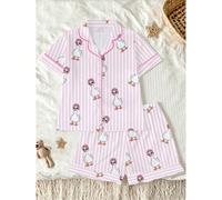Set pigiama da 2 pezzi con cuffia da bagno a righe rosa & bianche e stampa oca bianca, outfit da notte indossabile per ragazze pre-adolescenti, oca bianca a righe con motivo cartone animato carino su 