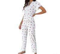 Set pigiama da 2 pezzi con stampa ciliegia, top a maniche corte e pantaloni lunghi da donna, adatto per tutto l'anno, tra cui primavera e autunno (XL bianco)