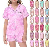 Set pigiama da 2 pezzi, con stampa floreale, a maniche corte, con bottoni, morbido, divertente, con camicia, pantaloni, con tasca, costume da bagno da spiaggia (rosa acceso, 160)