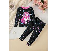 Set pigiama da 2 pezzi per bambine e ragazze, con top a maniche lunghe e pantaloni, stampa di unicorni e stelle colorate, che brillano al buio, vestibilità morbida 6Y,7Y,4Y,5Ystampa dappertuttoTessuto