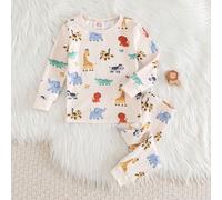 Set pigiama da 2 pezzi per bambino, composto da maglia a girocollo a maniche lunghe con stampa di animali cartoni animati e pantaloni lunghi a vita elastica, vestibilità aderente 2Y,3Y,9-12M,12-18M,18