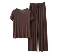 Set pigiama da 2 pezzi per le donne Co Ord Set tuta Pullover Top Pantaloni elastici in vita Pjs Lounge Wear Set Camicette da donna e pantaloni a gamba larga Summer Pjs Set indumenti da notte, Caff, M