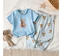 Set pigiama da 2 pezzi per neonati/bambini piccoli, con maglietta a maniche corte con stampa di orsetti e pantaloncini a righe blu, elegante e confortevole 6-9M,9-12M,12-18M,18-24M,2-3YA strisceTessut