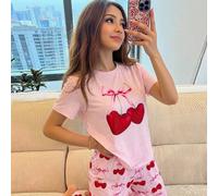 Set pigiama da 2 pezzi per ragazza tween, top a girocollo a maniche corte con stampa di ciliegie rosa e pantaloni larghi con stampa di ciliegie e farfalle su tutto il capo, abbigliamento comodo per il