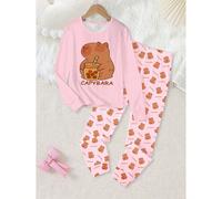 Set pigiama da 2 pezzi per ragazze adolescenti, composto da una maglia a maniche lunghe aderente in tessuto elasticizzato con motivo carino e divertente di capibara rosa, e pantaloni, stile casual ed 