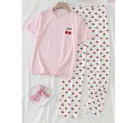 Set pigiama da 2 pezzi per ragazze adolescenti, composto da una maglietta rosa a maniche corte con stampa di ciliegie rosse e pantaloni bianchi morbidi e ampi con stampa di ciliegie, in tessuto a magl