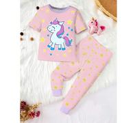 Set pigiama da 2 pezzi per ragazze, con top a maniche corte e pantaloni, in tessuto elastico lavorato a maglia, con stampa di unicorni e stelle, a contrasto di colore, che brilla al buio 6Y,7Y,4Y,5YFu