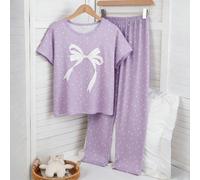 Set pigiama da 2 pezzi per ragazze grandi, collo rotondo, maniche corte, pantaloni lunghi, primavera autunno, motivo a pois viola e bianco su tutto il capo, con grafica fiocco carino, in tessuto magli