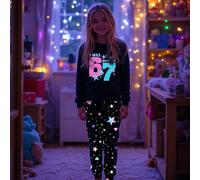 Set pigiama da 2 pezzi per ragazze pre-adolescenti, con top a maglia con stampa numerica 67 e a forma di stella e cuore che si illumina al buio, e pantaloni aderenti 8Y,9Y,10Y,11Y,12YNatale,stampa dap