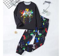 Set pigiama da 2 pezzi per ragazzi adolescenti - Colore di base nero, stampa grafica da giocatore di tecnologia su tutto il capo, Top a maniche lunghe e pantaloni lunghi, confortevole 14Y,13Y,16Y,15YF